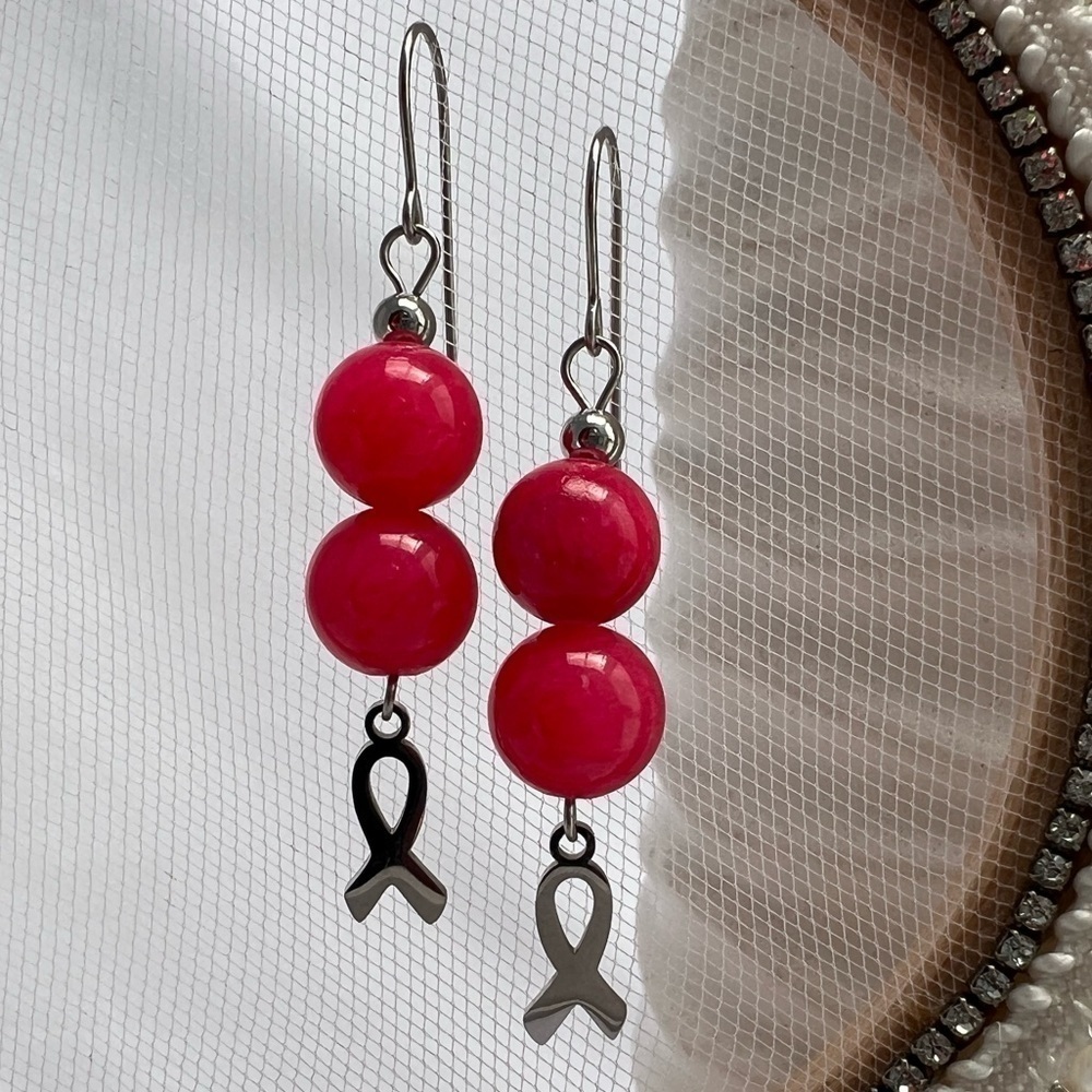 Pink Jade Awareness Ribbon Dangle Earrings - Picture 1 of 11